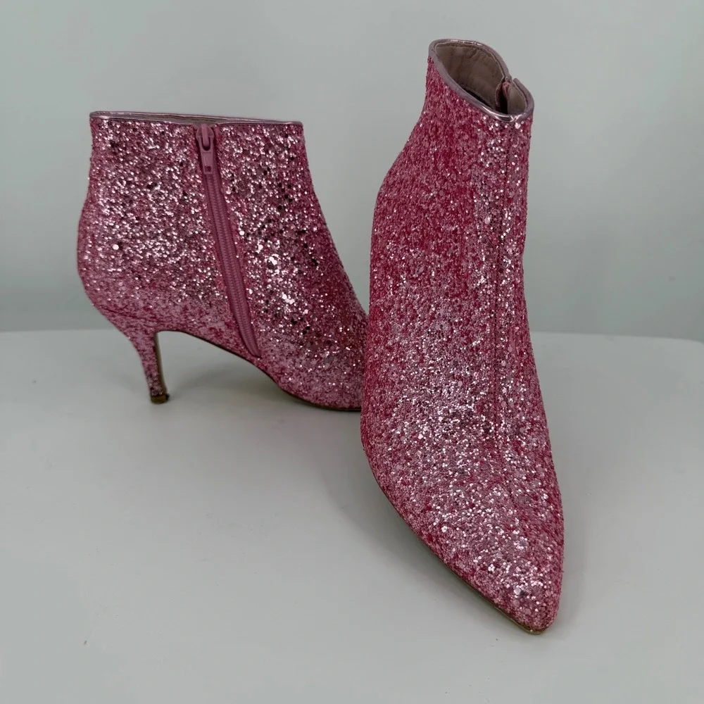 Allegra K Womens Pink Glitter Pointed Toe Kitten Heel Ankle Boots Size 9 Glam